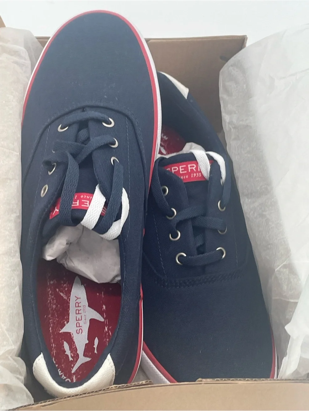 Sperry Navy Canvas Boat Shoes with Red and White Trim